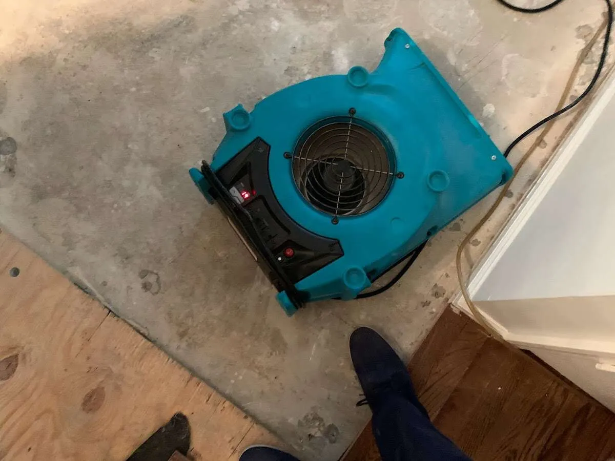 Air mover drying subfloor during Leak Detection & Repair in Nibley